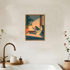 Funny Frog Bathroom Wall Art, Cute Japanese Frog in Toilet Wall Decor, Whimsical Green Animal Restroom Poster Canvas Painting Prints Artwork 16x24 inch Framed