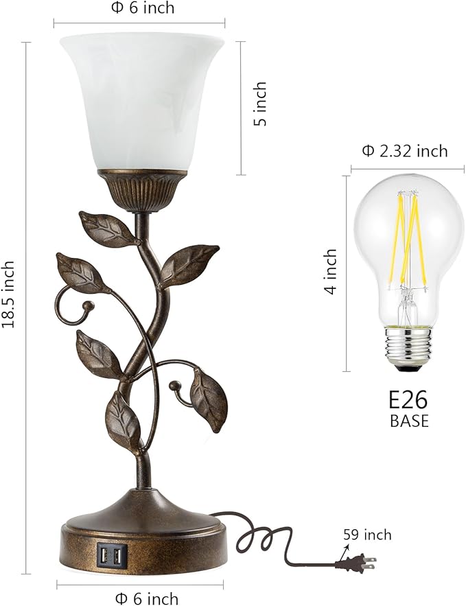 Touch Bedside Table Lamp, Vintage Nightstand Lamp with 2 USB Ports for Living Room, 3 Way Dimmable Leaf Lamp Retro Table Lamp for Bedroom with White Glass Shade, LED Bulb Included