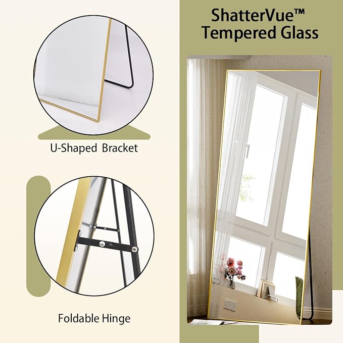 BEAUTYPEAK Full Length Mirror 64"x21" Nano Glass, Standing Rectangle Floor Mirrors Body Dressing Wall-Mounted for Living Room, Bedroom, Black