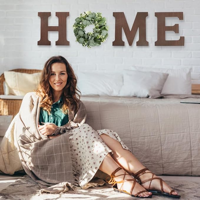 Wooden Home Sign Wall Hanging Decor Letters for Wall Art with Artificial Eucalyptus Wreath Rustic Decor Farmhouse for Living Room Kitchen Point Housewarming Gift(Brown)