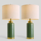 USumkky 25" Green Ceramic Table Lamp Set of 2, Modern Mid-Century Bedside Nightstand Lamps for Bedroom Living Room, Linen Shade & Gold Metal Base, Rotary Switch E26 (Bulbs Excluded)