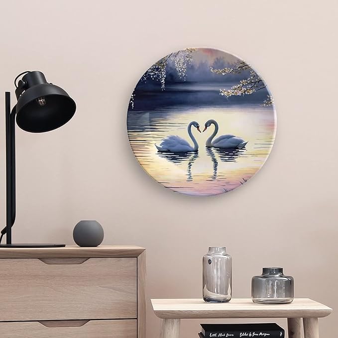 Decorative Plates, Sunset Couple Swans Lake with Tree Painting Ceramic Dinner Plate Home Wobble-Plate with Display Stand, Wall Hanging Decor for Living Dining Room Kitchen Household 10 Inch