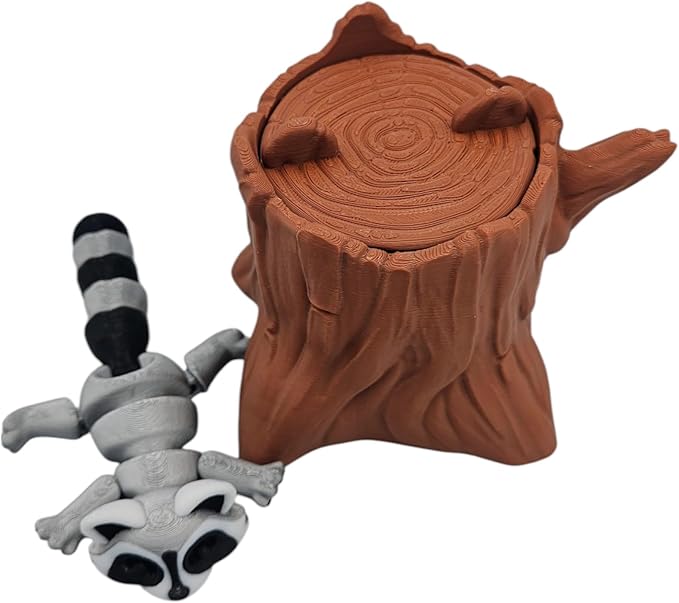 Articulating Animals Raccoon, Fox, Panda, Skunk, Possum with Containers - 3D Printed Articulated Joints ADHD, Autism, Relief Anxiety, Collectible Figurines (Raccoon Tree Stump)
