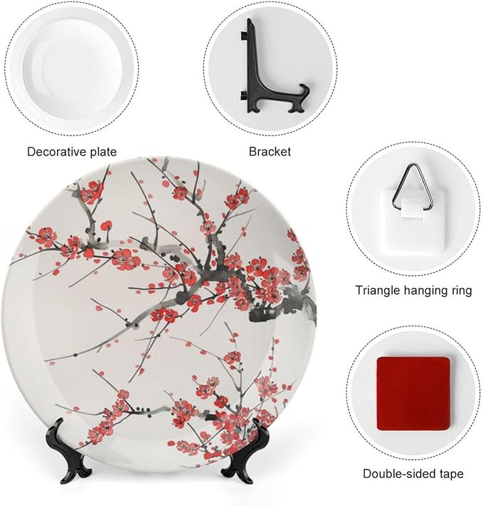 Japanese Spring Theme Decorative Ceramic Plate Round Porcelain Plate,Plum Tree Blossoms Pattern,for Decorative Ornaments Giving Plates, 1 Plate with 1 Display Stand,Red Beige,10 inch
