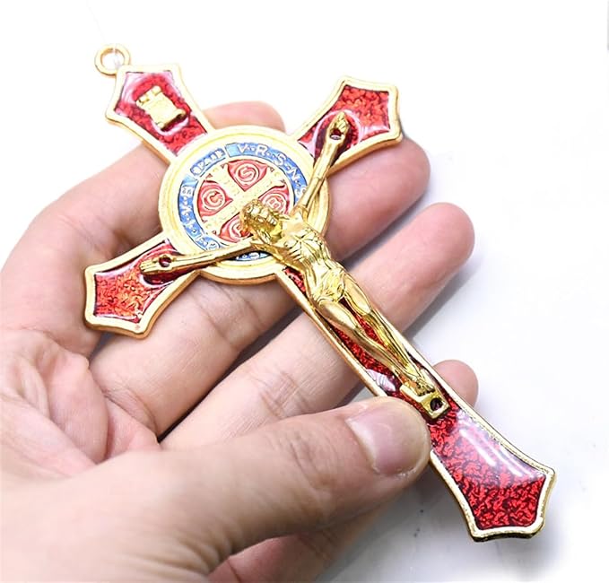 Bovemee Saint Benedict Benedictine Red Enamel 4.7X2.7 Inch Protection Wall Crucifix Cross Catholic San Benito Medalla Prayer Decoration