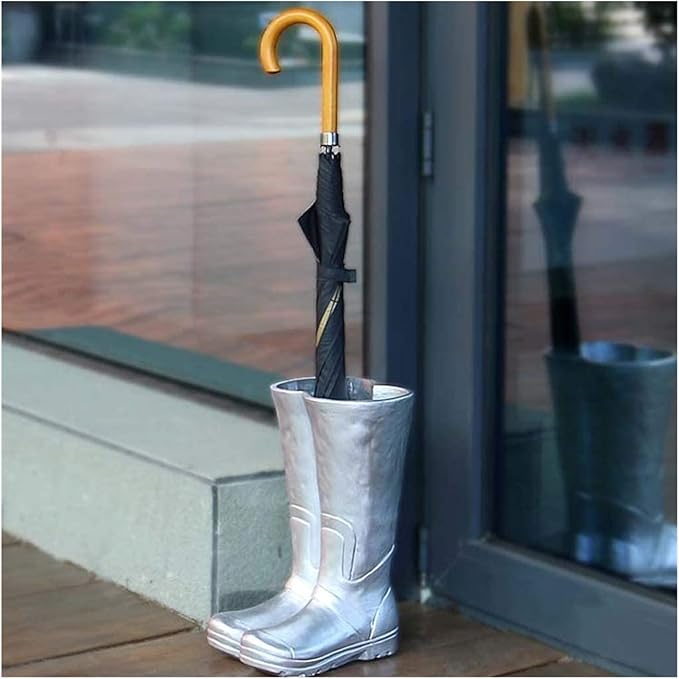 Umbrella Stand Creative Rain Boots Shape Umbrella Holder Flower Arrangement Umbrella Stand Fashion Resin Umbrella Storage Bucket Decoration Shelf Bucket(Silver)