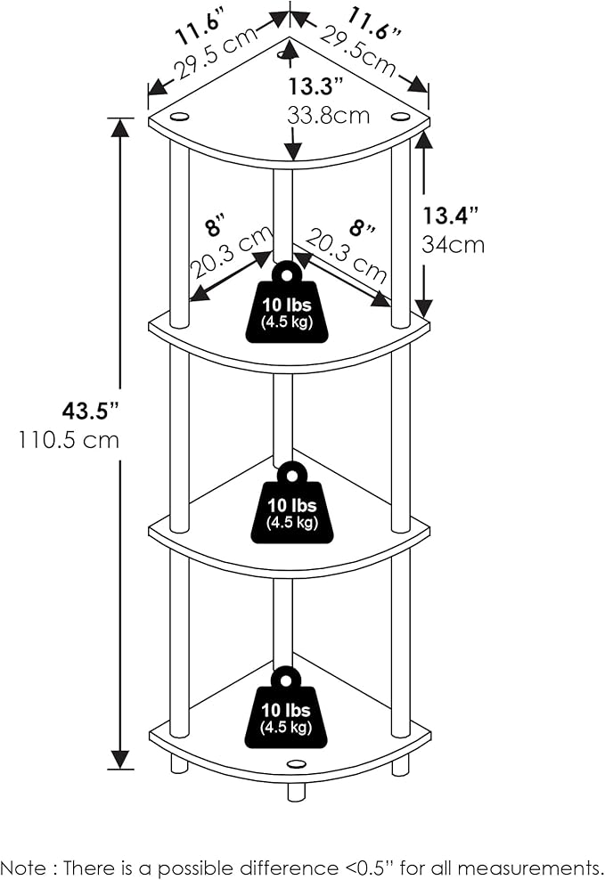 Furinno Turn-N-Tube Corner Shelf, 4-Tier Corner Bookshelf, Display Storage Shelves with Open Shelves, for Organization and Storage, Living Room, Home Office, Garage, White