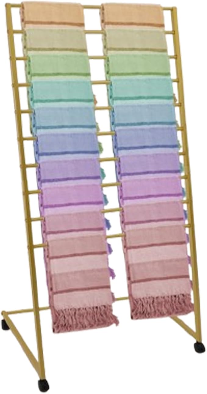 Scarf Organizer, 10-Tier Metal Scarf Display Stand with Wheels, Freestanding Scarf Display Rack, Retail Store Towel Rack, Ties Belt Pants Hanging Rack, for Boutique Display, Home (Gold-10 Rods)
