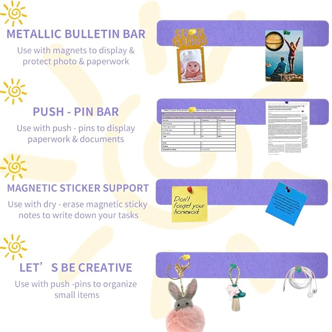 Vuzvuv 8 pcs Bulletin Board Bar Strips with 50 Pushpins & 10 Wooden Clip pins，Self Adhesive Cork Board for Wall，Felt Pin Board for School，Office Decor(Medium Purple)