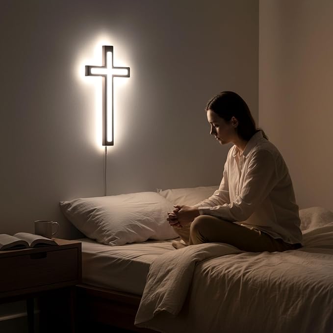 MoSavris Crucifix Wall Cross, Handmade Wood Cross with LED Light, Wall Decor for Faith and Blessing, Christian Gifts, 13 Inch