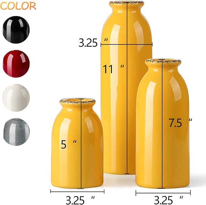 CWLWGO-Ceramic Yellow Vase Set of 3, Decorative Vases for Modern Farmhouse Decoration, Living Room Accents & Dining Table Centerpieces, Idea Bookshelf Mantel and Entrance Decor.