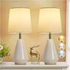 Small Bedside Table Lamp for Bedroom-Reading Desk Lamp Set of 2,with 3 Color Temperatures,15.5" Nightstand Ceramic Lamp with Fabric Shade for Kids Room,Living Room,Dorm,Home Office(White)