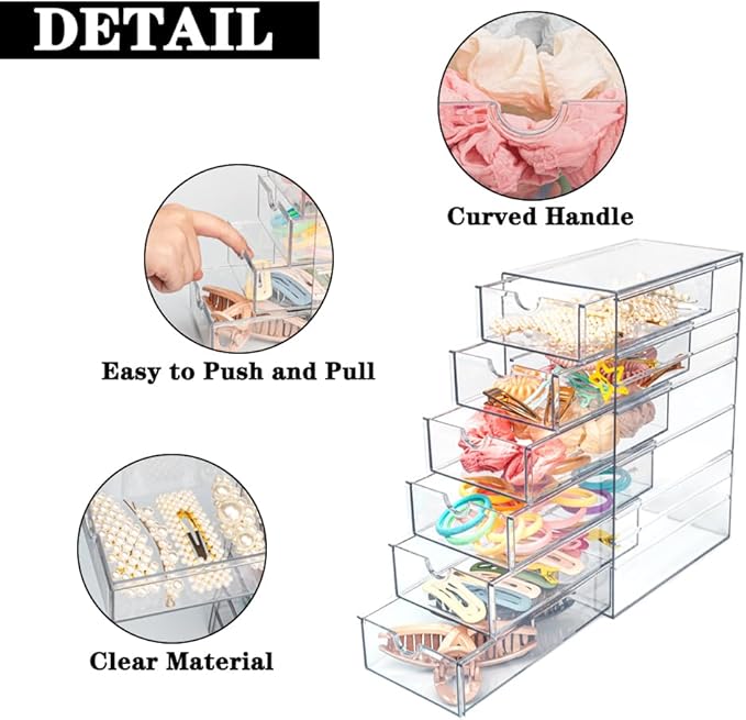 Clear Acrylic 6 Drawers Storage Organizer for Hair Accessories Stackable Containers Box for Cosmetics Jewelry Stationery Storage Organization Drawers Set (6 Drawers)
