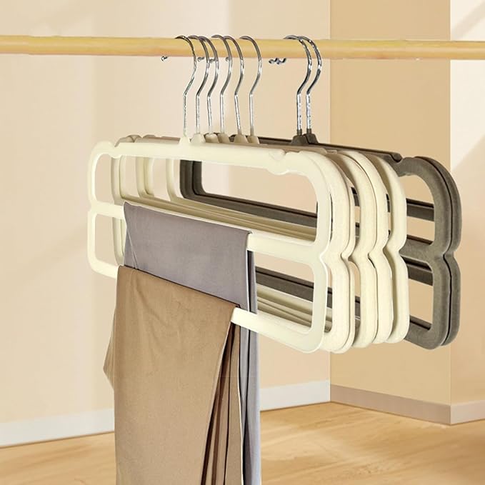 VSV stoage Velvet Pants Hangers with Double Non Slip Bar - Multiple Velvet Hangers for Closet - Thin Space Saving Clothes Hanger - 360° Swivel Felt Trouser Hanger Perchas Terciopelo 10 Pack (Beige)