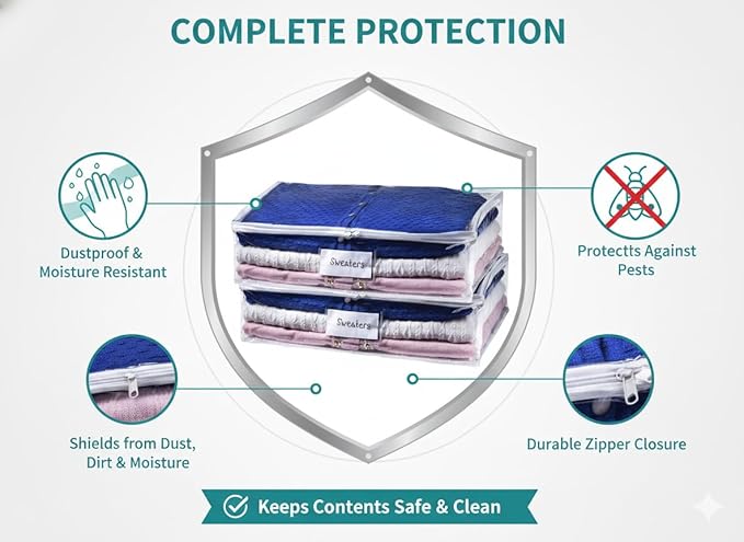Masirs Clear Sweater Storage Bags 2-Pack – Zippered Vinyl Organizers with Label Pocket, Durable Dustproof Clothing Storage for Sweaters, Blankets, Linens, Underbed & Closet Use