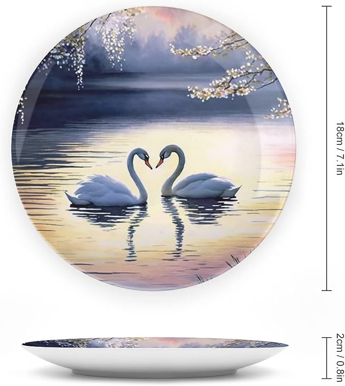 Decorative Plates for Home, Sunset Couple Swans Lake With Tree Painting Tray for Table Display, Ceramic Dinner Plate W/Stand, Living Room Dining Room, Housewarming Gifts, 7 Inch