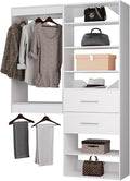 ROOMTEC Modular Closet System, 61" Wall Mounted Closet Organizer with Hanging Rods and Drawers, Wooden Tower for Walk-In Closets, Wardrobe Storage Kit, White