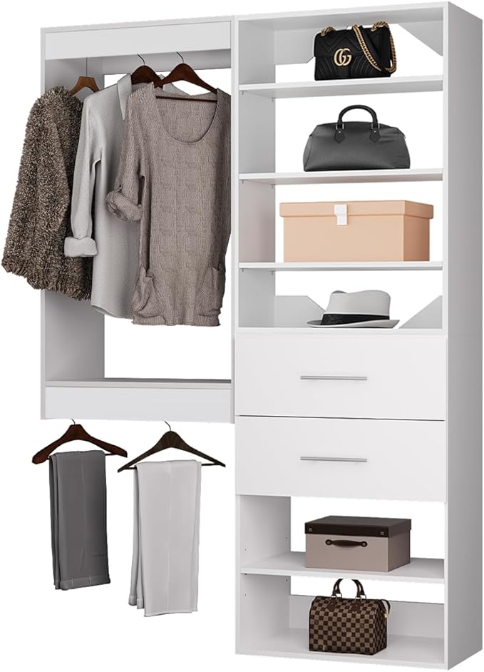 ROOMTEC Modular Closet System, 52" Wall Mounted Closet Organizer with Hanging Rods and Drawers, Wooden Tower for Walk-In Closets, Wardrobe Storage Kit, White