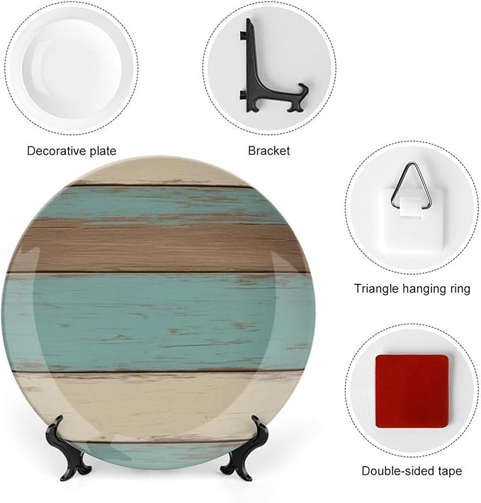 Wood Grain theme Decorative Ceramic Plate Round Porcelain Plate,10 inch,Vintage pattern,for Decorative Ornaments Giving Plates,1 Plate with 1 Display Stand,Blue White