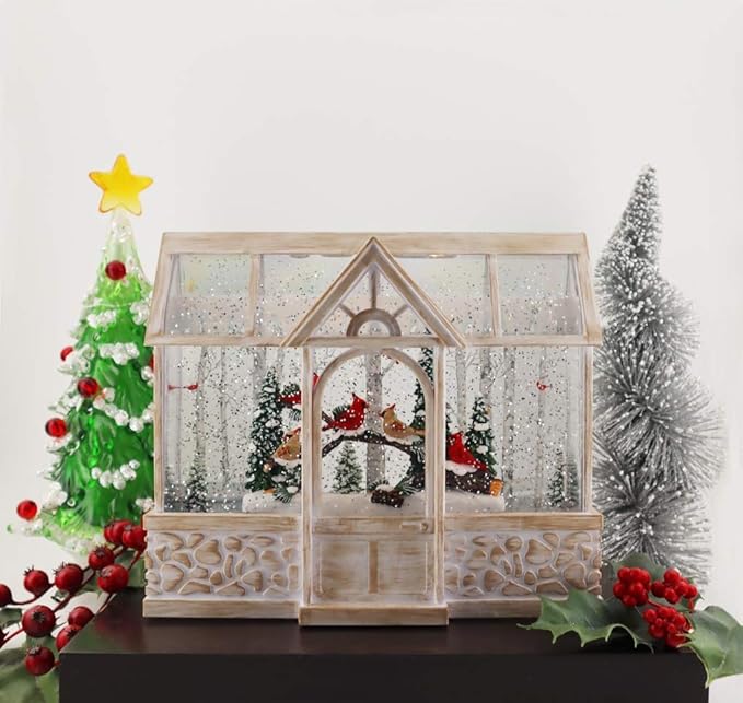 Victory Creative Christmas Illumination Cardinals Greenhouse Water Globe 8"x9" Musical Giltter Spinner Battery Operated Timer & USB Xmas Light Up Snow Globe Home Decor