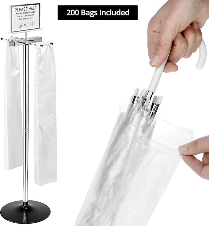 QWORK Umbrella Bag Dispenser Stand, Stainless Steel Dual-Side Holder, 8x11 Sign Frame, 6 lb Freestanding Black Base, Includes 200 Long Umbrella Bags for Lobby Entryway
