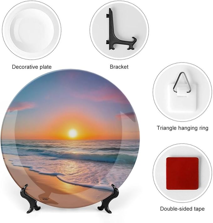 Sunrise Theme Decorative Ceramic Plate Round Porcelain Plate,8 inch,Beach Pattern,for Decorative Ornaments Giving Plates,1 Plate with 1 Display Stand,Orange Yellow