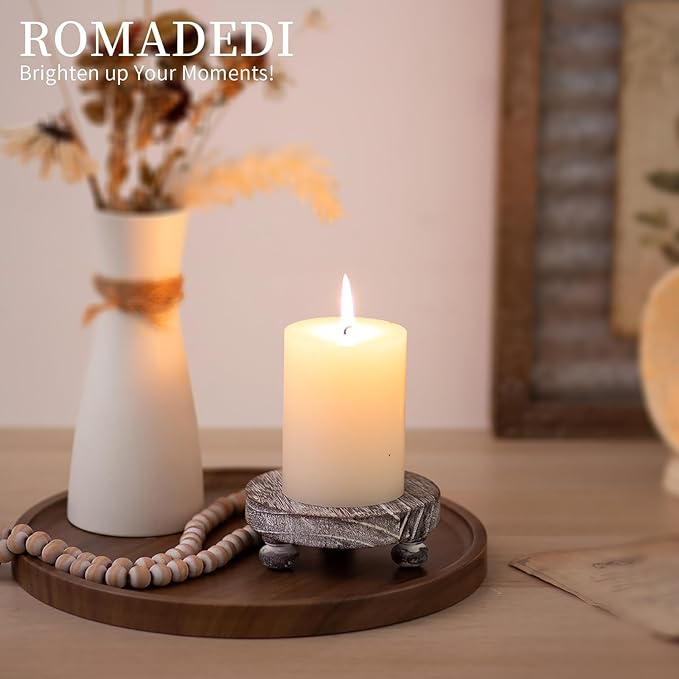 Romadedi Farmhouse Wood Riser for Display - Set of 2 Rustic Decor Mini Wooden Pedestal Stand Decorative Round Tray for Home Table Bathroom Counter Shelf Kitchen, Whitewashed