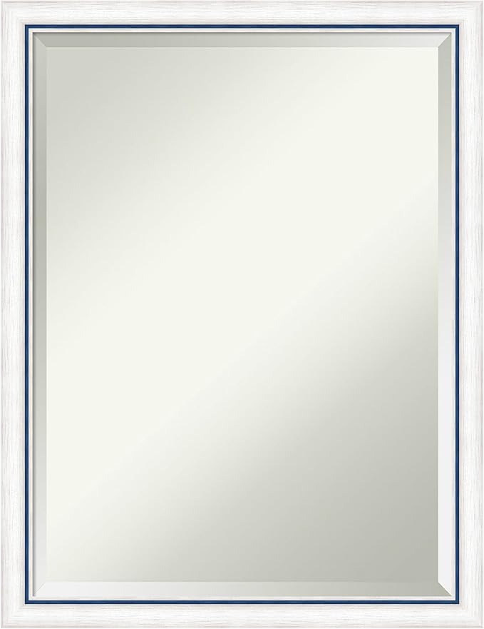 Amanti Art White Wall Mirror 26x20 Morgan White Blue Rectangle Bathroom Mirror for Wall Decor Living Room, Medium Modern Wood Frame, Hangs Horizonally and Vertically, Bathroom Decor, Beveled Edge