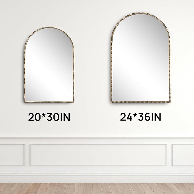 Arched Wall Mirror for Bathroom, 20"x30"-Ornate Decorative Bathroom Mirror with Beaded Metal Frame - Modern Distressed Hanging Wall Decor for Bedroom/Living Room/Entryway-Antique Gold Mirror