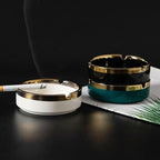 Saim Ceramic Cigar Ashtray for Men - Retro Round Desktop Ash Tray with Gold Edge, Anti-Slip Bottom, for Home Office Patio Outdoor Smoking (White)