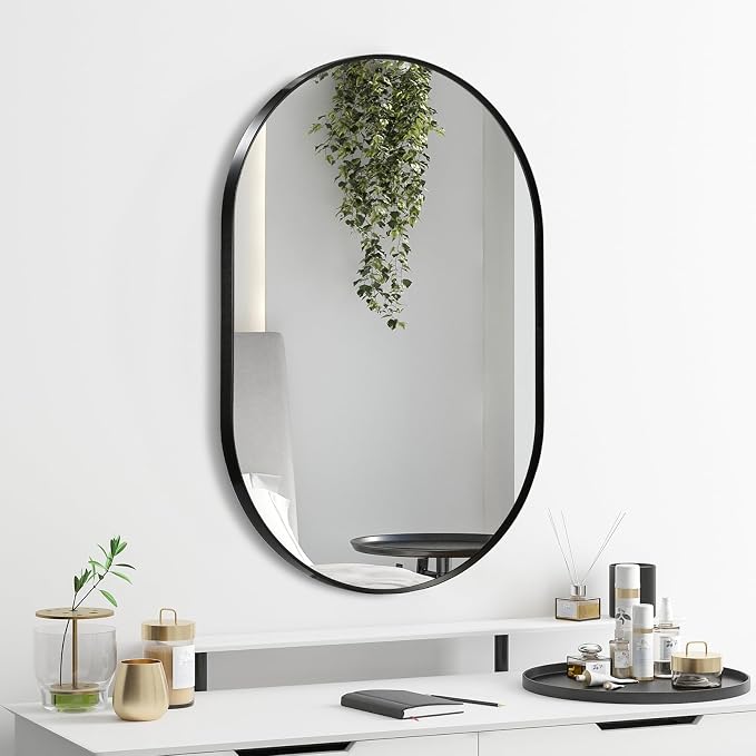 Black Oval Mirror, 24"x36" Oval Bathroom Mirror, Vanity Mirror with Brushed Metal Frame, Wall Mount Mirrors Decor for Bathroom, Bedroom, Entryway, Living Room(Hangs Horizontally or Vertically)