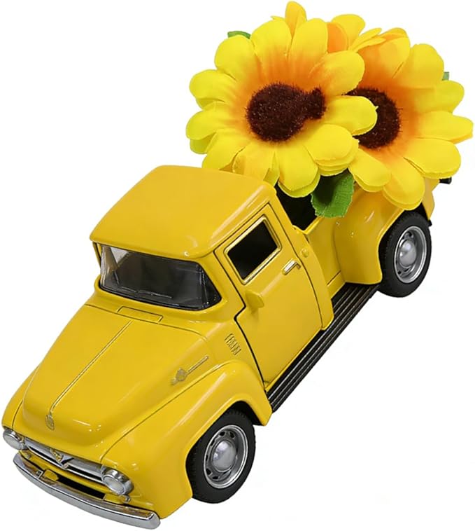 Vintage Truck with Artificial Flowers Farmhouses Tiered Tray Decors Table Centerpieces Minis Diecast Trucks Decorations Farm Pickup with Flower