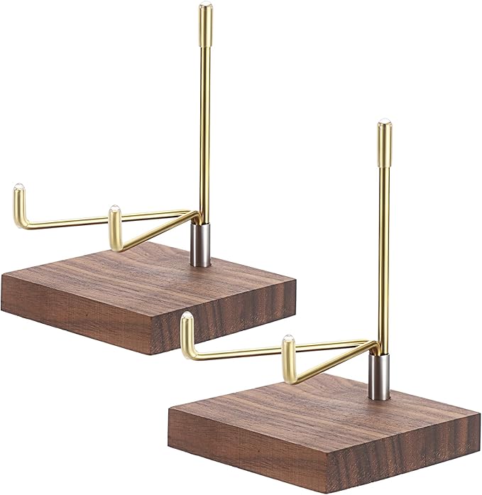 Hipiwe 2Pcs Adjustable Metal Arms Display Stand with Wooden Base Rock Display Stand Easel Decorative Plates Display Easel Holder for Gemstones Fossils Minerals Agate Plates Collectibles, 3.1"x3.1"