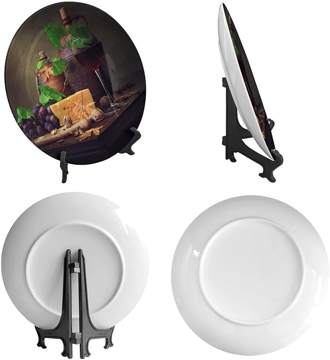 Wine Decorative Plates, 8 Inch, Cheese and Walnut Wine Round Display Plate, Table Top Plate Decor with Stand, for Display Living Room Kitchen Closet Table Decor