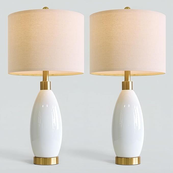 USumkky 24" White Oval Ceramic Table Lamp Set of 2, Modern Minimalist Bedside Nightstand Lamps for Bedroom Living Room, Linen Shade & Gold Metal Base, Rotary Switch E26 (Bulbs Excluded)