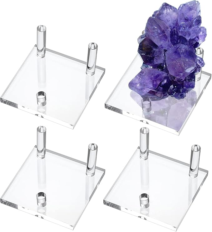 Hipiwe 4-Pack Clear Acrylic Display Stand, Three-Peg Display Easel Stands for Fossil Coral Geodes Rock Mineral Agate Small Collectibles, Large