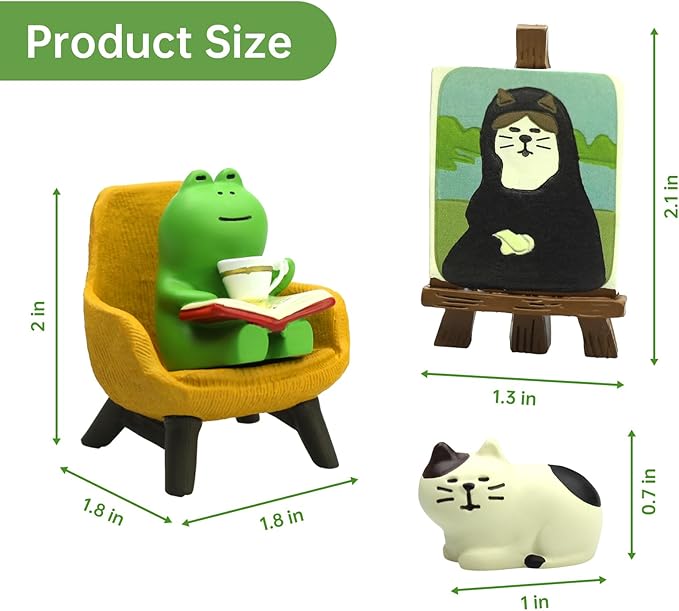 RAQWI Cute Frog Reading on Yellow Sofa Figurine with Cat Painting & Kitten Statue, Mini Resin Animal Set for Office Desk, Bookshelf Decor, Gift for Book & Cat Lovers