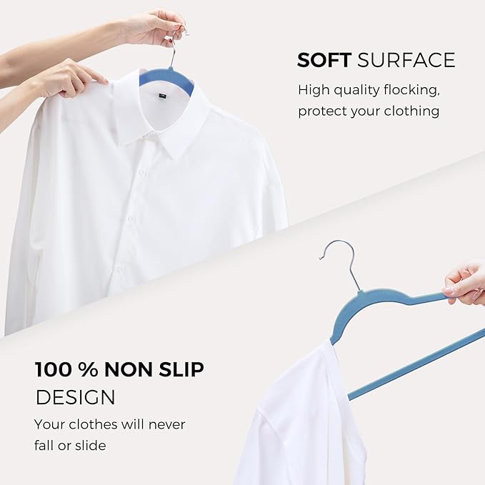 HOUSE DAY Premium Velvet Hangers 50 Pack Blue, Non-Slip Flocked Felt Hangers, Sturdy Clothes Hanger with 360° Rotatable Hook, Heavy Duty Durable Slim Coat Hanger for Closet Space Saving