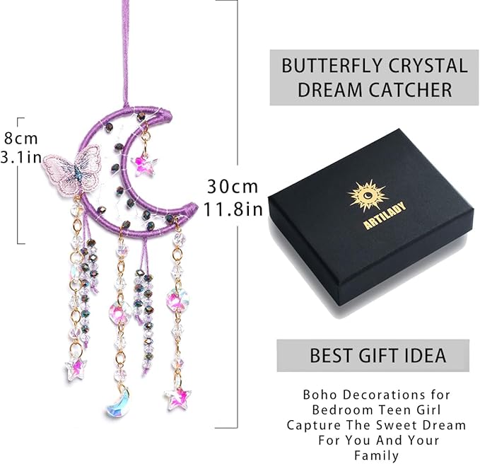 Artilady Dream Catcher for Girls - Purple Butterfly Small Moon Dream Catchers with Crystals Cute Room Decor for Teen Girls Boys Boho Bedroom Wall Home Decorations Birthday