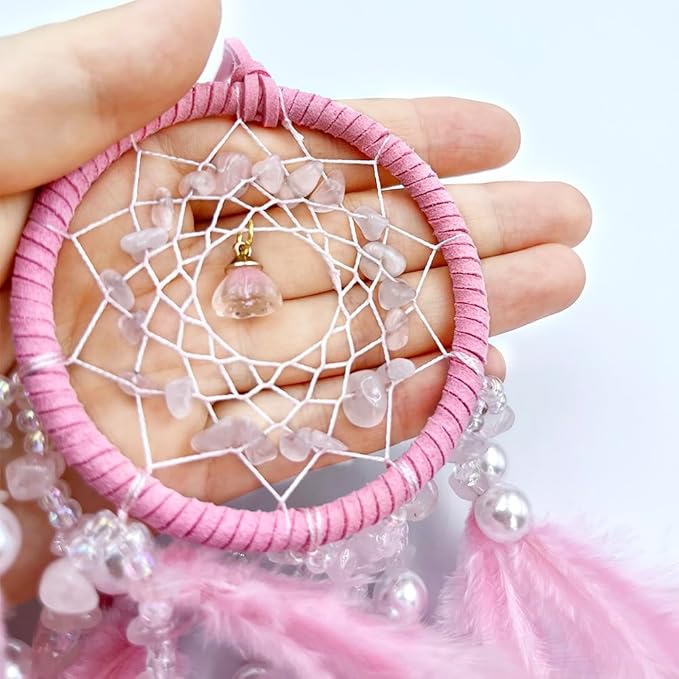 Small Pink Dream Catcher for Car Rearview Mirror Handmade Beaded Feather Dreamcatcher Car Hanging Ornament Home Room Wall Decoration