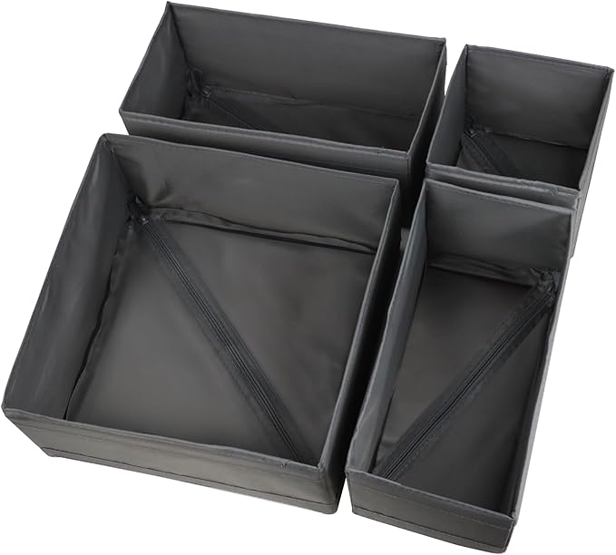 Washable Cloth Drawer Organizer, Set of 4 Foldable Sock Dresser Drawer Organizers Storage Boxes, Fabric Storage Boxes Closet Cabinet Organizer for Clothes (Gray, S+2M+L)