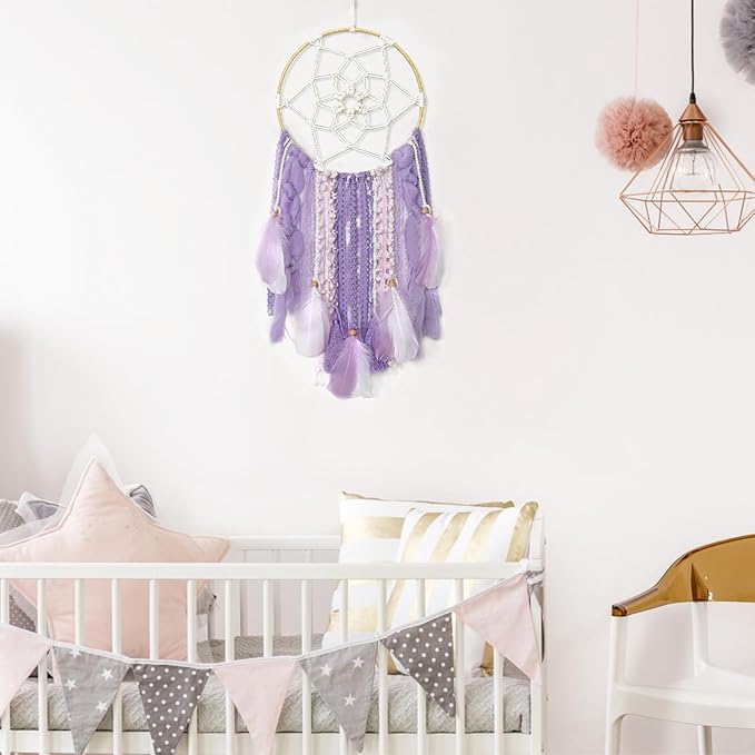 LOMOHOO Large Dream Catcher Handmade Feather Dreamcatcher, Traditional Dream Catchers with Woven Tassels Boho Wall Hanging for Girl Kids Bedroom Baby Room Home Decor Craft Ornament Gift (Purple)