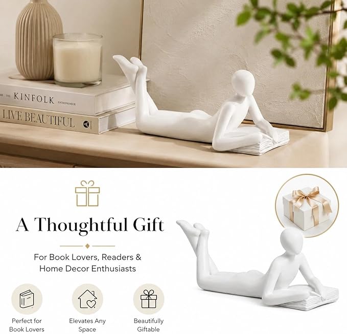 White Reading Statue Style A, Abstract Reader Figurine, Resin Book Decor for Bookshelf, Coffee Table, Desk Shelf Decor, Gift for Book Lovers