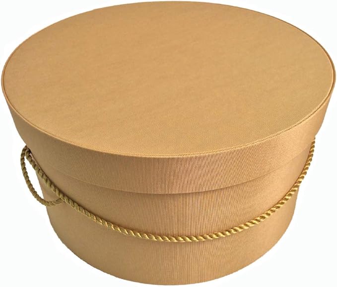 Sarah's Hat Boxes Classic Gold Hat Box – 16.75" x 8.5" (Dia. x Ht.) Handmade in USA – Odorless Non-Toxic Adhesive, Cording Handle – Premium Storage for Hats & Accessories