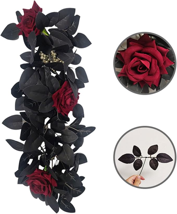 Artificial Rose Flower Swag,Artificial Sunflower Swag, 24 Inch Decorative Swag with Pumpkins Berries and Black Leaves for Halloween Home Front Door Lintel Wedding Arch Party Tabletop Wall Decor(#3)