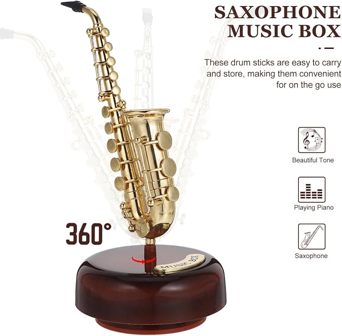 Mini Saxophone Music Box, 7.9in Classic Home Decorative Saxophone, Small Musical Mum Trinket Instrument Ornaments for Home Decoration Housewarming Desktop