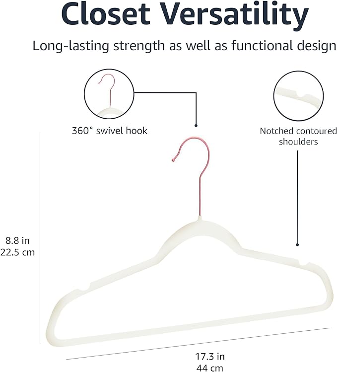Amazon Basics Slim Velvet Non-Slip Space Saving Suit Clothes Hangers, Closet Organizer, Ivory/Rose Gold, 30-Pack