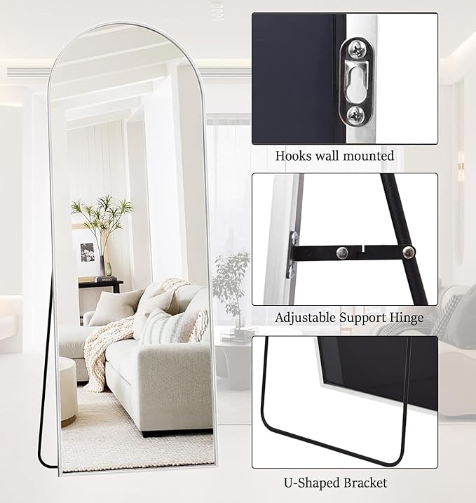 Prywot Full Length Mirror, 64"x21" Arched-Top Floor Mirror, Modern Full Body Mirrors with Stand, Wall Mirrors with Aluminum Alloy Frame for Bedroom,Living Room, White