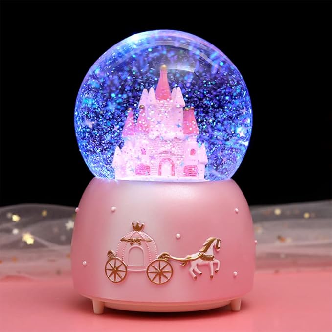 Castle Snow Globes Luminous Music Box Cartoon Christmas Snow House Automatic Spray Rotating Crystal Ball with Color Changing LED Lights for Home Decoration Birthday Gift