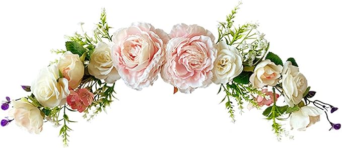 Artificial Peony Rose Flower Swag Spring Floral Lintel Faux Silk Peonies Hydrangeas Green Leaves Garland for Front Door Wall Window Decoration (Rose)